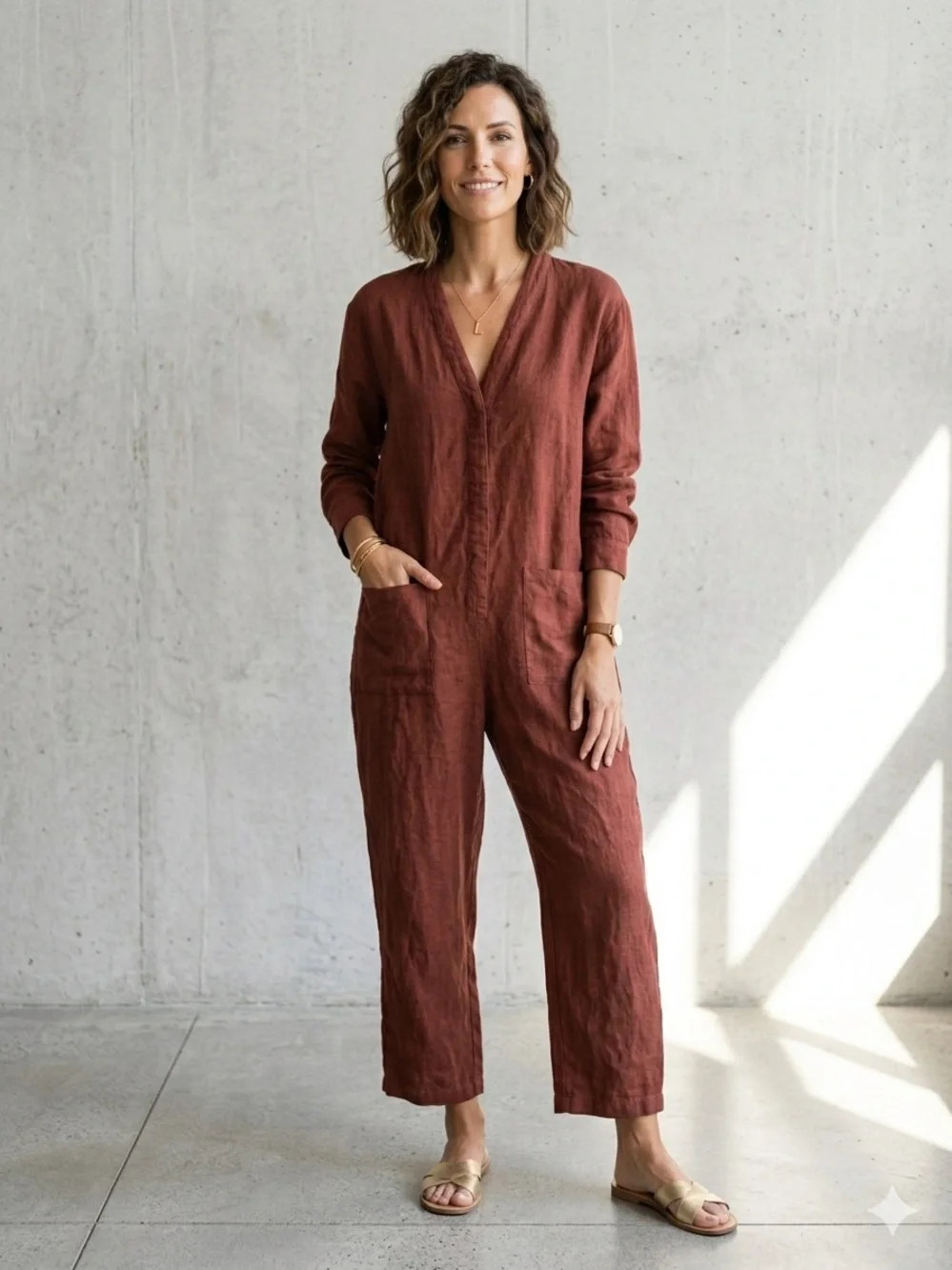Zara Women's Rust Red V-Neck Linen Jumpsuit